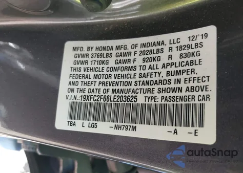2020 Honda Civic Lx из США, поврежденный, VIN 19XFC2F66LE203625